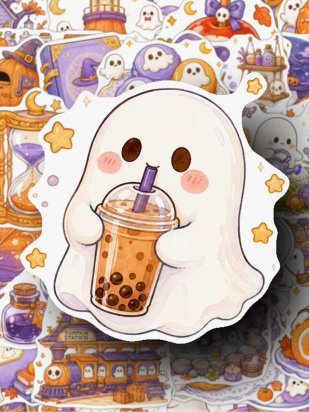 50 Halloween Cute Ghost Stickers Purple Orange Reading Baking Cleaning Desserts - Picture 10 of 16